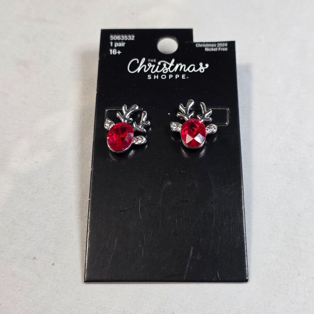 The Christmas Shoppe Red Rhinestone Reindeer Stud Earrings, Holiday Jewelry Gift